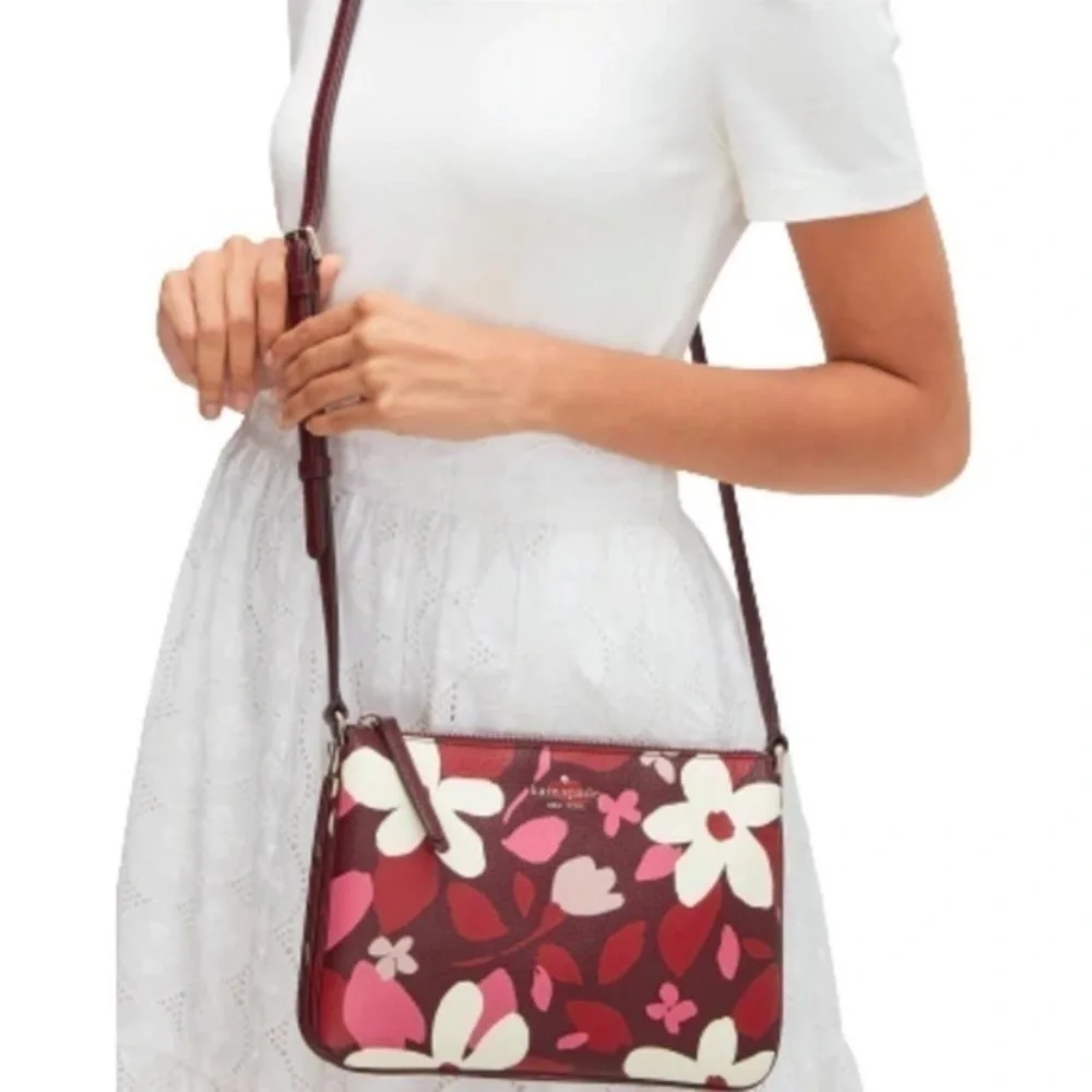 Kate Spade Floral Triple Gusset Leather Crossbody Bag Forest Flower Print NWT - Picture 5 of 6